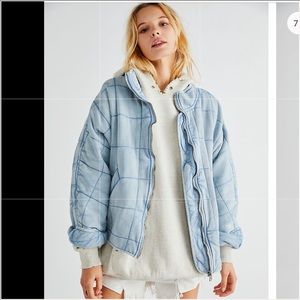 Free People Dolman Quilted Knit Jacket in Wavy Waters light blue denim like look